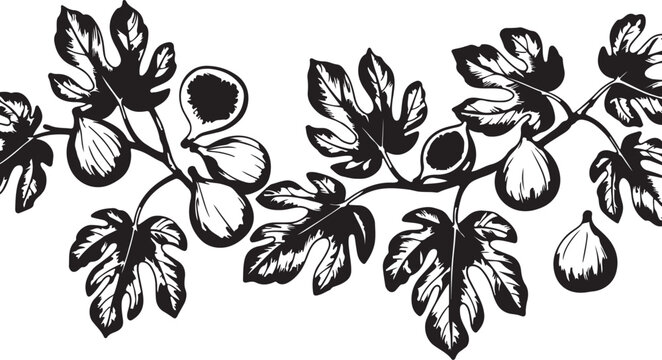Seamless fig branch pattern with leaves and fruit in black and white, on a transparent background for versatile use.