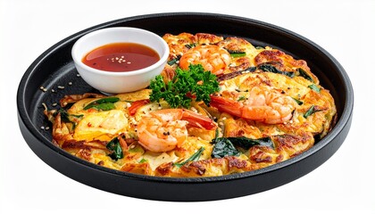 Fototapeta premium Savory seafood pancake served on a round black plate with a small bowl of spicy dipping sauce and garnished with fresh green parsley leaves.