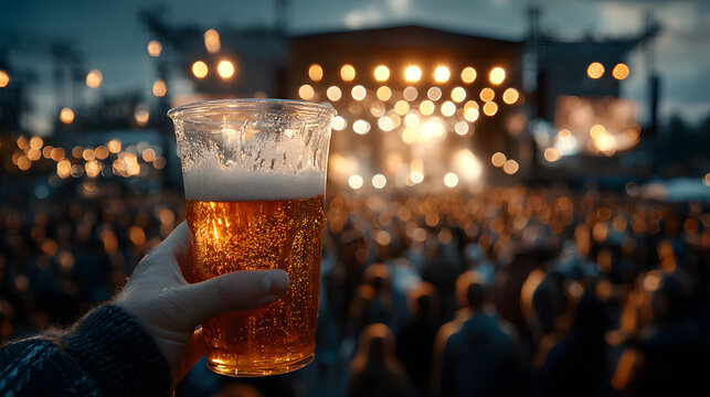 During a festive evening, a plastic cup of refreshing beer is held by a hand while attending a concert.