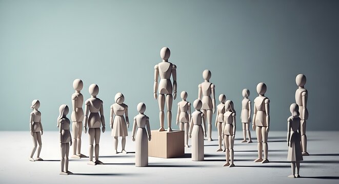 3d rendered minimalist human figurines diverse heights modern platform abstract concept illustration