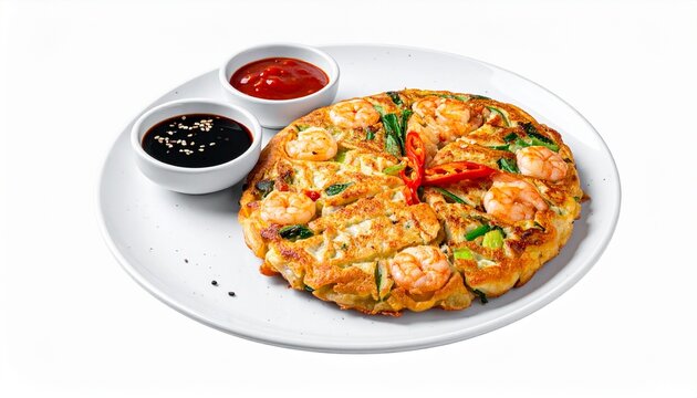 A delicious savory korean pancake with fresh shrimp and scallions served on a white plate with dipping sauces for a gourmet meal design.