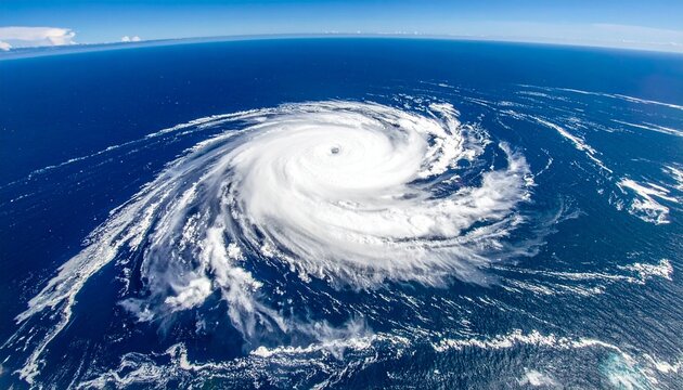 A breathtaking aerial view of a powerful tropical cyclone forming over the deep blue ocean water showing swirling clouds and intense wind energy.