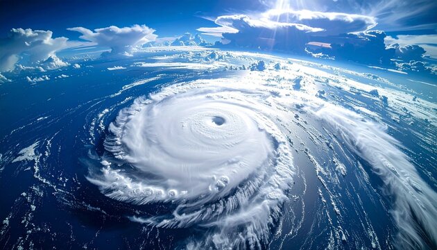 A stunning aerial view of a massive hurricane swirling over the deep blue ocean captured from space showing powerful atmospheric weather systems.