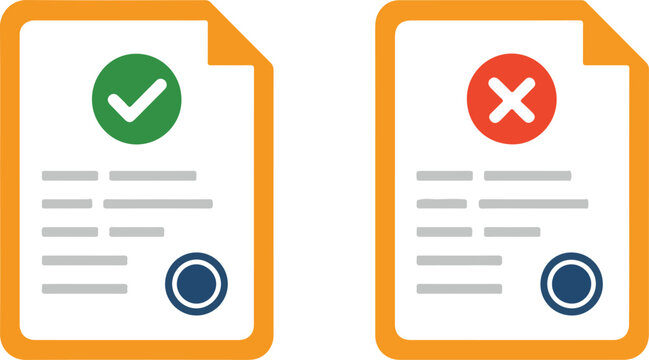Orange document icon set with green check mark and red cross sign for business approval and rejection status feedback concept.