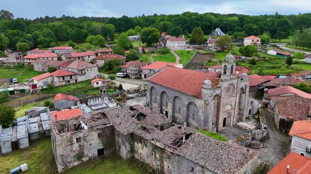 Aerial view of the historic church Santa Marina de Augas Santas