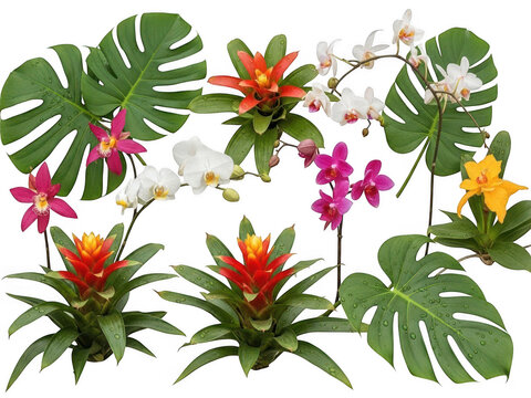 Vibrant tropical flowers and leaves arrangement isolated on transparent background