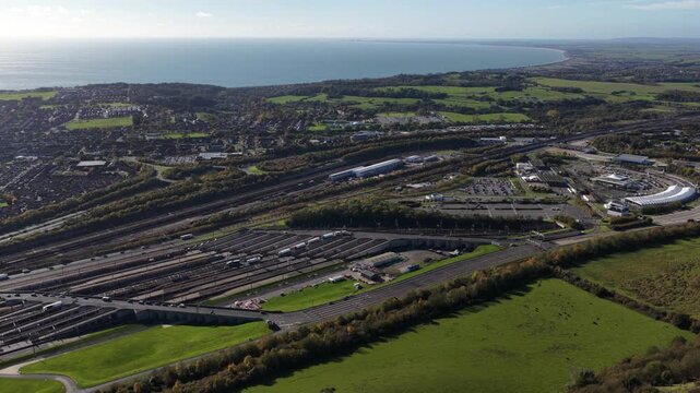 Aerial Drone View of the Eurotunnel Channel Tunnel Terminal, Folkestone