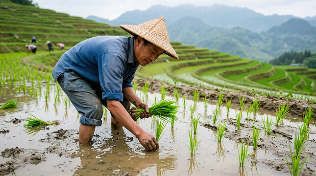 Asian male farmer planting rice seedlings in a terraced paddy field. Traditional agriculture worker wearing a conical hat in rural landscape
