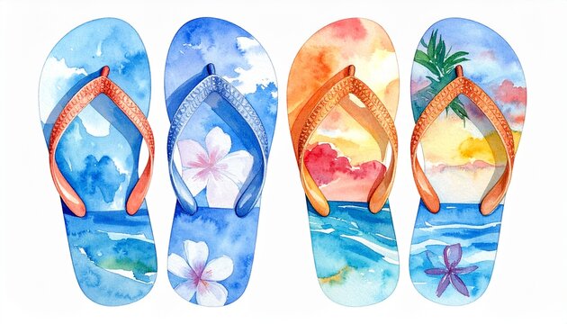 A collection of colorful flip flops with artistic tropical ocean and floral watercolor patterns isolated on a plain white background.