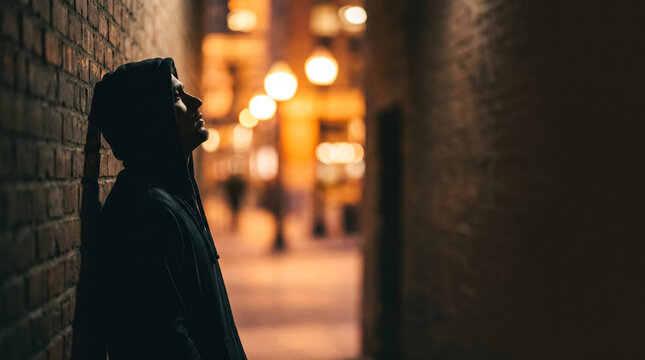 Hooded man standing in dark alley at night, crime, danger and urban security concept. 