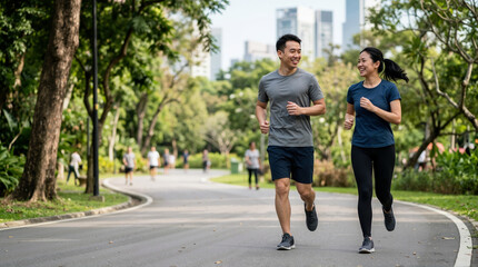 Fototapeta premium Smiling Chinese couple jogging in a city park. Young Asian man and woman running together on a paved path with modern buildings in the background