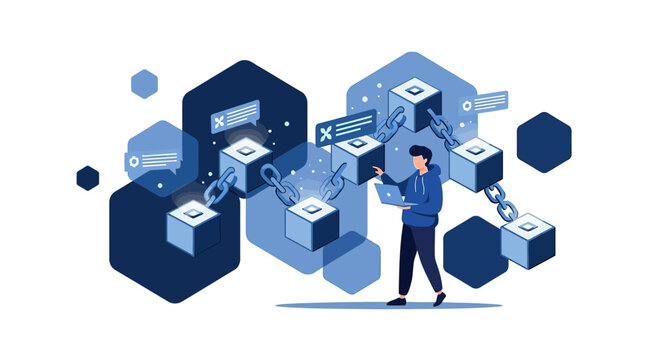 Blockchain network connected cubes, man using laptop, digital technology concept