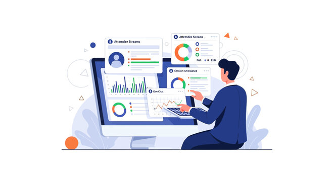 Business analytics, data visualization, financial dashboard on screen, man working