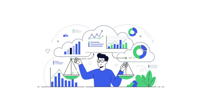 Business balancing analytics chart growth, investor weighing data comparison, success outcome
