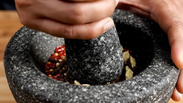 Closeup of hand grinding spices in a stone mortar and pestle 2.