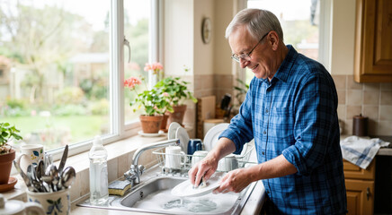 Fototapeta premium Smiling elderly man washing dishes in a kitchen sink. Happy senior gentleman cleaning a plate with a sponge at home