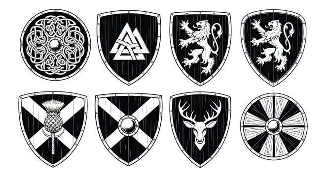 Collection of heraldic shield silhouettes with various designs black and white silhouette high quality professional detailed