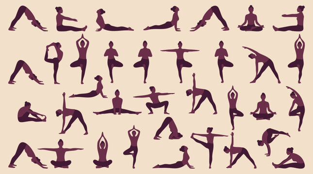 Collection of yoga poses with women silhouettes, exercise for health and wellness