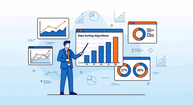 Business analyst presenting data sorting algorithms with charts and graphs