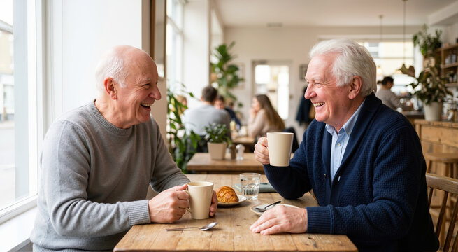 Two happy elderly Caucasian men drinking coffee and laughing in cafe. Senior friends sitting at table enjoying conversation and pastry during social meeting