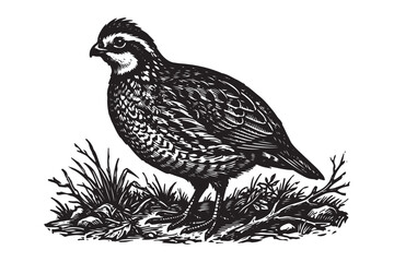 Fototapeta premium Quail bird illustration in black and white with game bird wildlife outdoors