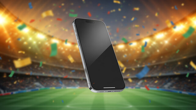 Smartphone on a soccer field with confetti and stadium lights, smart device