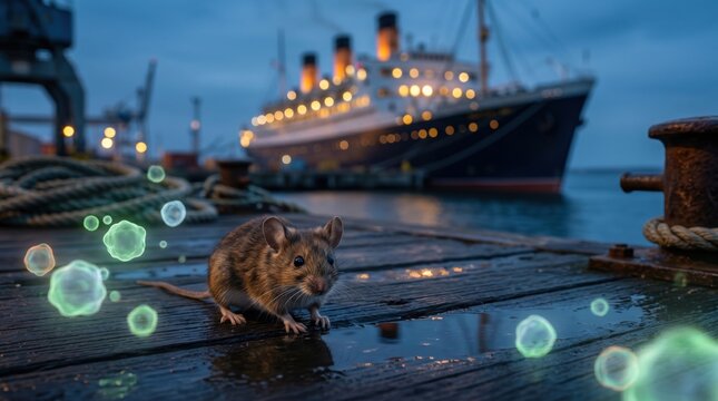 Brown rat on wet dock near large cargo ship with glowing virus particles in blue evening harbor, hantavirus spread through maritime trade concept