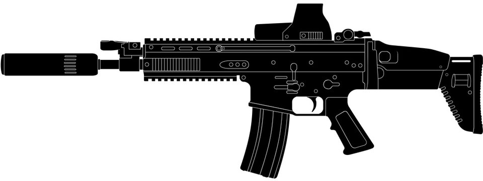Silhouette vector illustration of SCAR assault rifle with scope and suppressor