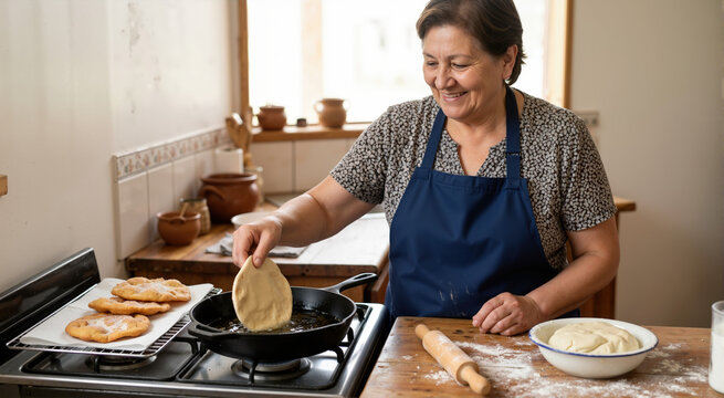 Smiling senior woman frying torta frita dough in a cast iron skillet on a gas stove. Homemade traditional Latin American pastry preparation in a rustic kitchen