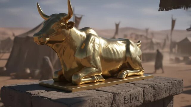 Ancient Golden Calf Idol Statue in a Biblical Camp Setting at Night
