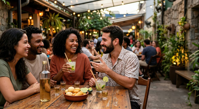 Friends laughing and drinking caipirinha at an outdoor bar. Socializing with Brazilian cocktails and snacks