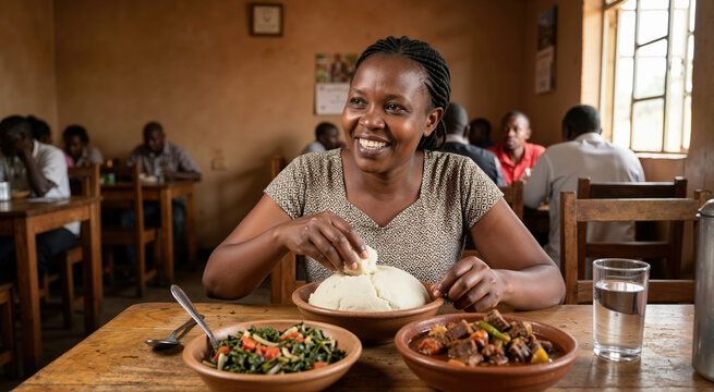 Smiling African woman eating traditional ugali with her hands in a local restaurant. White cornmeal staple served with meat stew and leafy greens