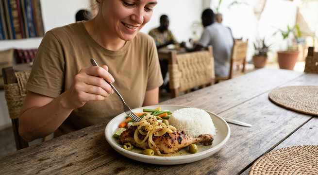 Smiling woman eating traditional Senegalese Yassa chicken with rice and vegetables. Authentic West African meal in a bright restaurant