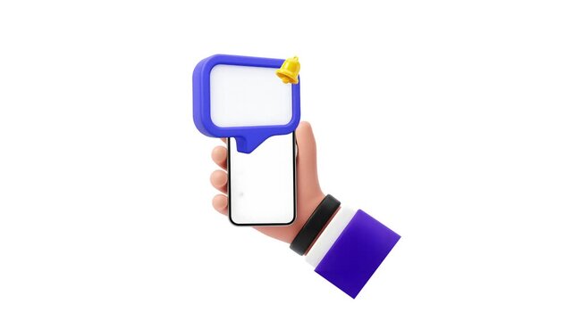Modern 3D render of a hand holding a smartphone with a blank notification bubble and ringing bell icon, symbolizing alerts and online interaction