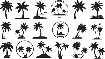 Palm tree silhouettes set for tropical beach summer vacation travel and exotic nature landscape themes in simple vector graphics. © Kamrun82