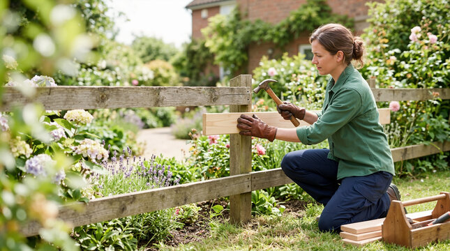 Woman kneeling in a lush garden repairing a wooden fence with a hammer and plank. Female homeowner doing outdoor DIY home maintenance in the backyard. Summer yard work