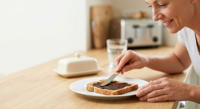 Smiling woman spreading dark brown Vegemite on toast in a bright kitchen. Female preparing a typical Australian breakfast meal
