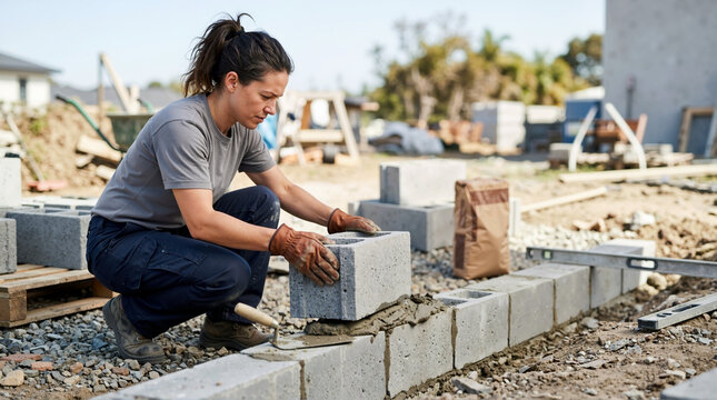 Female construction worker laying concrete blocks to build a wall. Woman bricklayer in workwear and gloves working on an outdoor residential building site. Women in trades concept