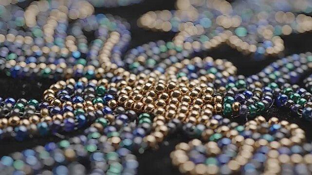 Closeup of iridescent beads forming intricate patterns.