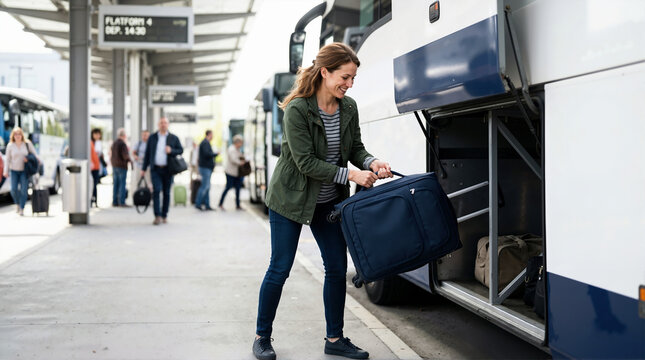 Smiling woman loading blue suitcase into a bus luggage compartment. Female passenger at outdoor coach terminal. Travel and transportation concept