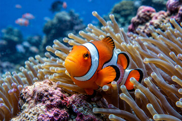 Amphiprion ocellaris clownfish in marine. Orange corals in the background. Colorful pattern, texture, wallpaper, panoramic underwater view. Concept art, graphic resources, macro photography © yuda