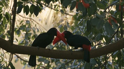 Obraz premium Tropical Toucans Perched on Branch in Lush Rainforest Environment.