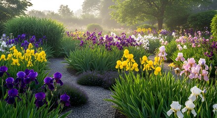 Naklejka premium A vibrant garden path winding through a colorful display of iris flowers on a misty morning.