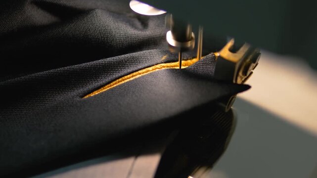 Tracking shot close up of sewing machine needle stitching gold thread into black fabric on worktable under studio light