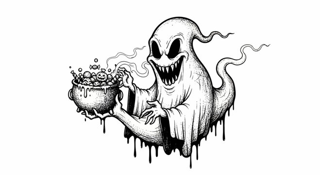 Ghost holding a bubbling cauldron.