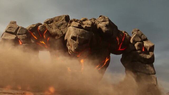 Tracking dolly tilt low angle shot of massive lava rock golem stomping and emerging across cracked volcanic desert plain at dusk