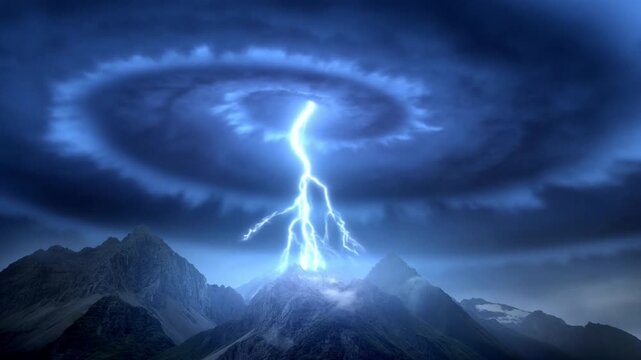 Aerial tracking slow motion tilt of lightning striking mountain peak under rotating storm vortex in remote alpine range at twilight