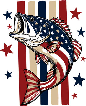 Patriotic Bass Fishing svg, American Flag Fish svg, 4th of July Fishing svg