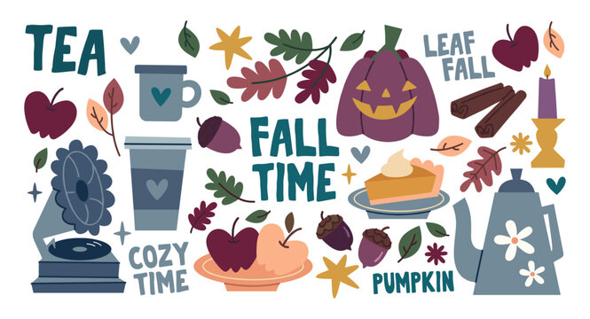 Cozy fall season elements with tea and pumpkin pie jack o lantern autumn leaves tea cup coffee cup seasonal decor cozy time leaf fall seasonal illustration harvest season autumn vibes