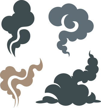 Smoke clouds and puffs in various shades of gray and brown rising up  isolated on white background